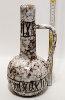 Hódmezővásárhelyi, fekete x mintás, fekete, szürke mázas, füles kerámia váza (3353)