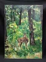 Monos József - Őzbak lombok alatt olaj, farost festmény 50x70 cm - Vadászat