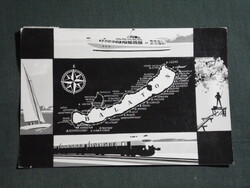Képeslap,Balaton települések,grafikai térképes,hajó,gőzmozdony,Farnadi Frigyes,1969-