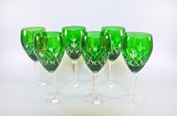AJKA, SMARAGDZÖLD, KÉZZEL CSISZOLT, ÓLOMKRISTÁLY BOROS POHARAK, 6 DB-OS SZETT ! (P209)
