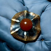 Carnelian gemstone brooch, vintage metal artist's pin from the 1970s or 80s with carnelian inlay