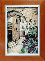 Fehér Margit: Ódon kapualj - tűzzománc - keretezve 32x42cm - alkotás 25x35cm - FM25/113