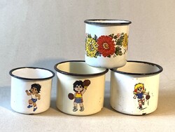 4 pcs retro enamel cups with handles with gymnastic children and 1 pc with flowers together