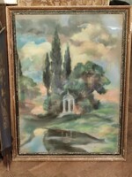 Kápolna a patak parton antik olaj vintage enteriőrbe illő festmény