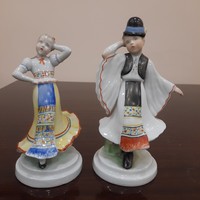 Antik Herendi népviseletben táncoló fiú, lány porcelán figura pár