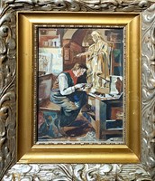A szobrász munka közben, 1920-as évek - Lehel Andor festménye, keretezett - műhely, Madonna szobor