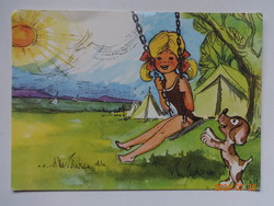 Grafikus propaganda képeslap, postatiszta - TAKARÉKOSSÁG: VIDÁM IFJÚSÁG, TAKARÉKOSSÁG: BOLDOG NYÁR