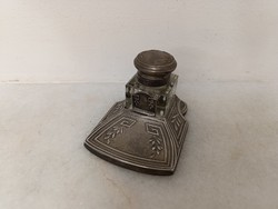 Antik tintatartó asztali krómozott öntött sárgaréz archaikus tinta toll írószer tartó üveg betét 609