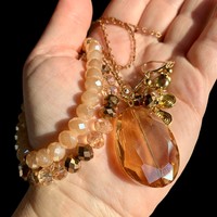 Vintage Swarovski kristály ékszer készlet: 2 karkötő, fülbevaló, hosszú réz nyaklánc ékszer szet