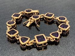 Luxus ametiszt drágaköves  sterling ezüst karkötő 925/ 14k aranyozott - új, sok kézműves ékszer