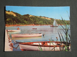 Képeslap,Balatonakarattya,strand,csónak kikötő látkép,részlet, 1973-
