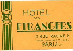 Hotel címke, bőröndcímke. Hotel Etrangers, Párizs.