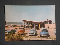 Képeslap,Balatonzamárdi,Zamárdi Étterem,parkoló,Skoda,Warburg autó látkép,részlet, 1966-