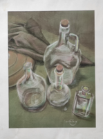 Modern üveg csendélet Régi hasas üveg ballonok flaskák olaj zöld háttér letisztult pasztell festmény