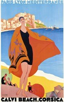 Calvi Beach, Korzika strand divat R. Broders 1932 Art deco vintage turisztikai reklám plakát reprint