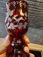 Biedermeier Alfred Taube pohár rubinvörös   -szarvas galamb erdei jelenetes