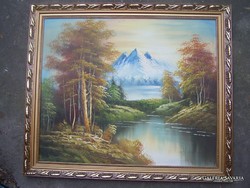 Alpesi táj folyóval - olaj, vászon 60 cm x 48 cm, a keret külső mérete 58 cm x 68 cm  Gyönyörű arany