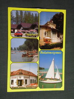 Képeslap,Balatonszemes,mozaik,Tücsök vendéglő,strand,villa üdülő,vitorlás látkép részlet, 1989-