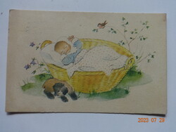 Régi grafikus üdvözlő képeslap -  gyermek mózeskosárban - Győrffy Anna rajz (1956)