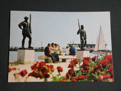 Képeslap,Balatonfüred,Hajóállomás,kikötő,sétány,Révész és Halász szobor látkép,részlet, 1973-