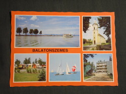 Képeslap,Balatonszemes,mozaik,Vadvirág kemping,templom,üdülő,hajóállomás,móló látkép részlet, 1989-