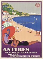 Antibes tengerpart strand napernyő divat R. Broders 1928 art deco vintage turisztikai plakát reprint