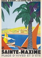 Mediterrán kikötő vitorlás pálmafa francia riviéra R. Broders 1930 art deco vintage plakát reprint