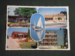 Képeslap,Balatonszemes,mozaik,Tücsök vendéglő,Napsugár üdülő,vitorlás,bazár látkép részlet, 1989-