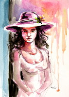 Girl with hat II - watercolor painting - Lány kalappal II - akvarell festmény