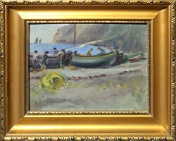 Goszthony Mária: Olasz halászok (olajfestmény) vízparti jelenet - Gosztonyi Mária