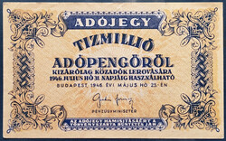 Nyomdahibás! Tízmillió Adópengő 1946, EF+, (fordított címer és eltolódott hátlapi nyomat).