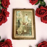 Antik Vallási kegytárgy, régi Mária Emlék angyalt ábrázoló üvegkép Glasbild mit Maria Mutter Gott