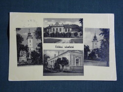 Képeslap,Földes,mozaik,templom,községháza,iskola látkép,részlet, 1956-