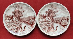 2db olasz barna jelenetes kerámia porcelán csészealj tányér