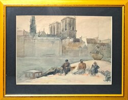 Pihenő munkások Párizsban, háttérben a Notre Dame-mal (keretezett festmény)