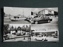 Képeslap,Fonyód,mozaik,hajóállomás,autóbuszállomás,Balaton áruház ABC,Trabant Skoda autó, 1966-
