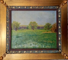Ismeretlen festő olaj tájképe egyedi szép antik keretben. 36x40 cm külső méretű kép. Céges számla is