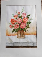 Jelzett akvarell virágcsendélet