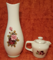 Hollóházi porcelán gyönyörű rózsás váza 31 cm magas és kávékiöntő kotyogóhoz (új) együtt