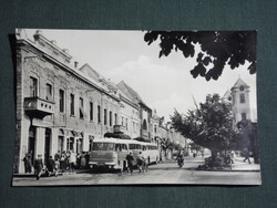 Képeslap,Gyöngyös,Fő tér,MÁVAUT Autóbusz megálló,Ikarus autóbusz látkép részlet, 1959-