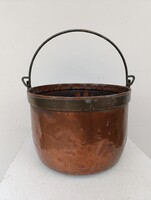 Réz üst antik bogrács konyhai vörösréz nagy nehéz üst edény sárgaréz peremmel vas füllel 222 1479