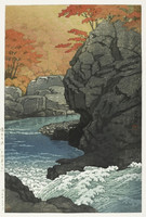 Régi japán fametszet - tájkép, sziklás patak, színes őszi erdő 1950 Kitűnő minőségű reprint nyomat