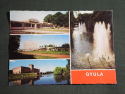 Képeslap,Gyula,mozaik,Vár,csónakázó tó,várfürdő strand,üdülő,szálló,Körös látkép,részlet, 1976-