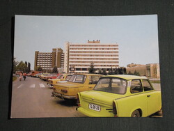 Képeslap,Gyula,SZOT üdülő,szálló,parkoló,Trabant,Wartburg,Skoda autó látkép,részlet, 1983-