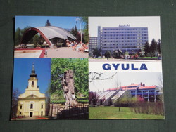 Képeslap,Gyula,mozaik,várfürdő,strand,szálló,üdülő,templom látkép,részlet, 1999-