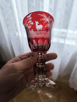 Antik Biedermeier  19. Sz.Talpas  kehely pohár bíbor pàcolt. Vadàszat Szarvas. Bohémian kehely