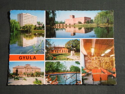 Képeslap,Gyula,mozaik,Vár,várfürdő strand,üdülő,szálló,városháza,múzeum látkép,részlet, 1976-