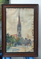 Schmidtné Széll Aranka: Iglói templom (akvarell) gótikus - Felvidék, Szlovákia - Spišská Nová Ves