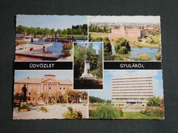 Képeslap,Gyula,mozaik,Vár,várfürdő strand,üdülő,szálló,városháza,Erkel szobor látkép,részlet, 1973-