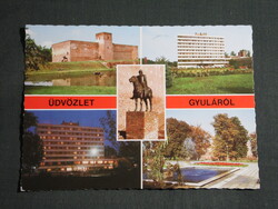 Képeslap,Gyula,mozaik,Vár,végvári vitéz szobor,szálló,hotel,park látkép,részlet, 1979-